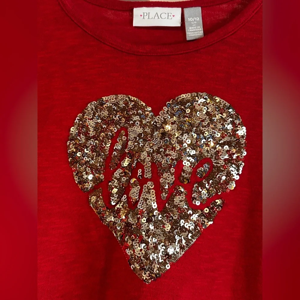 The Children’s Place Love Gold Sequin Heart Red Long Sleeve Shirt Girl 10-12